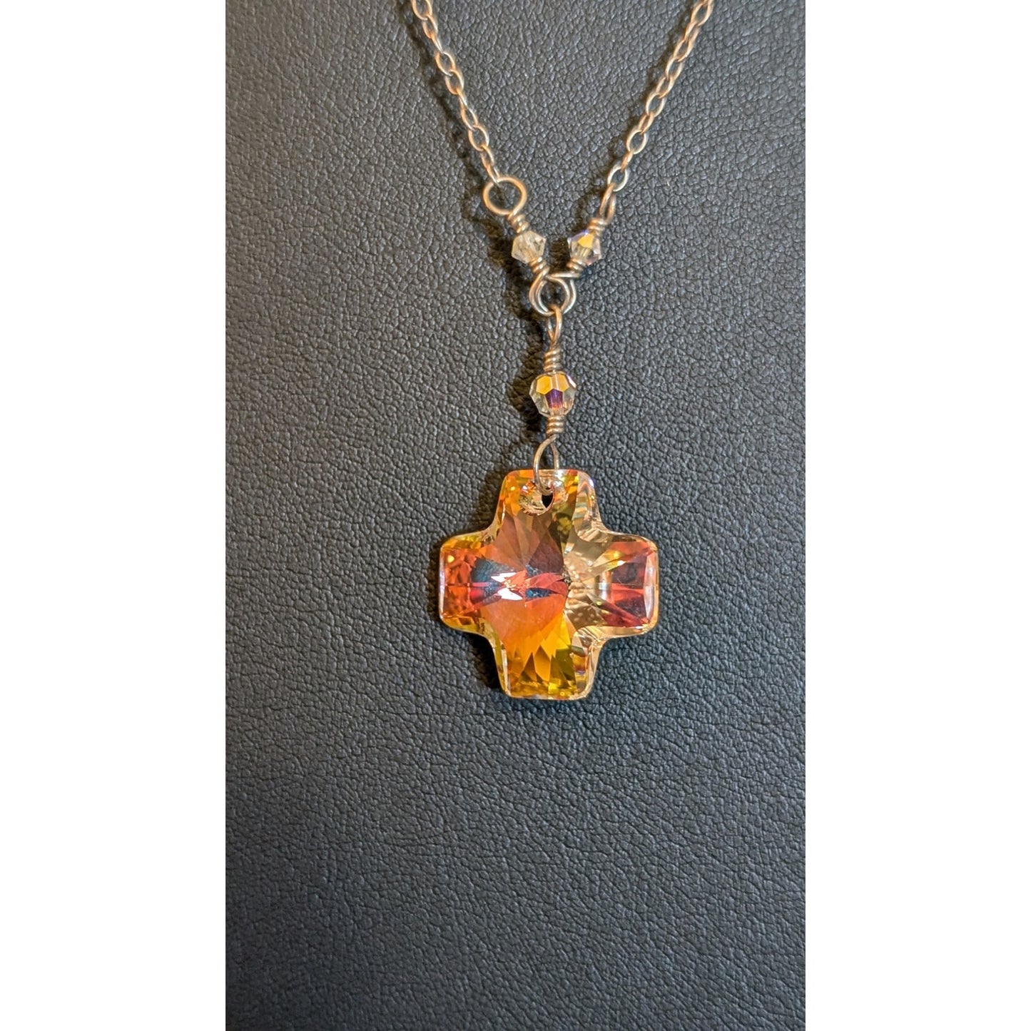 Crystal Prism Cross Pendant on Crystal Beaded 925 Sterling Chain