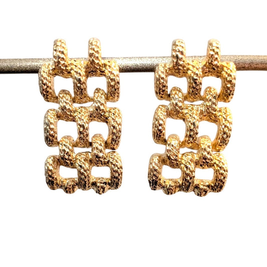 Vintage Textured Panther Link Articulated Gold Tone Pierced Earrings