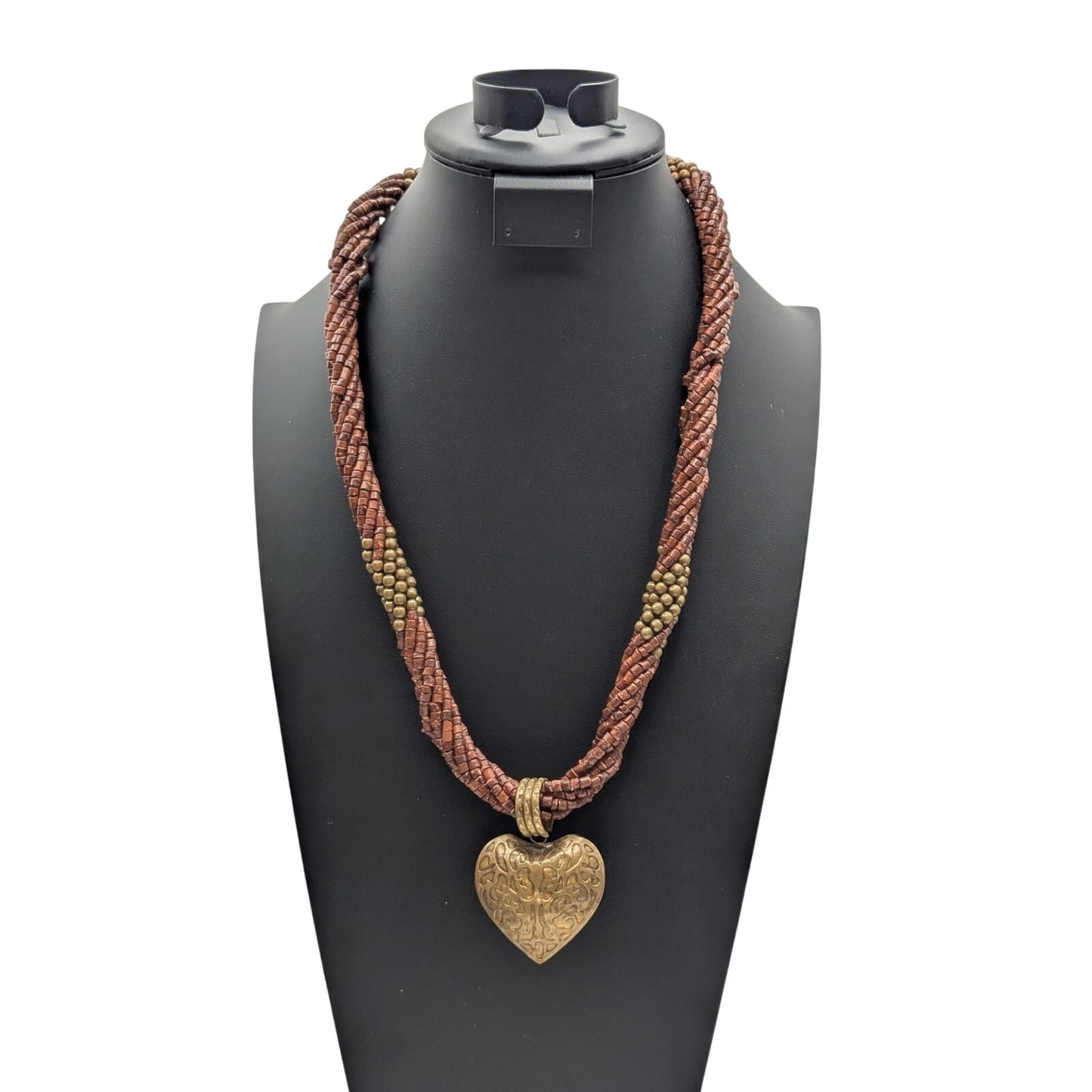 Vtg Twisted Multi-Strand Coconut Shell Brass Bead Embossed Brass Heart Necklace