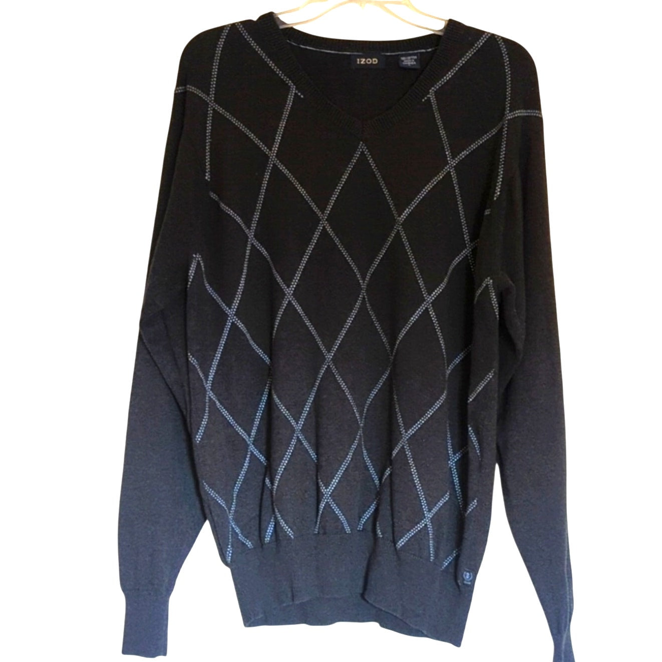 Izod Charcoal Gray Pale Blue X Design 100% Cotton Crewneck Sweater Men's Size L
