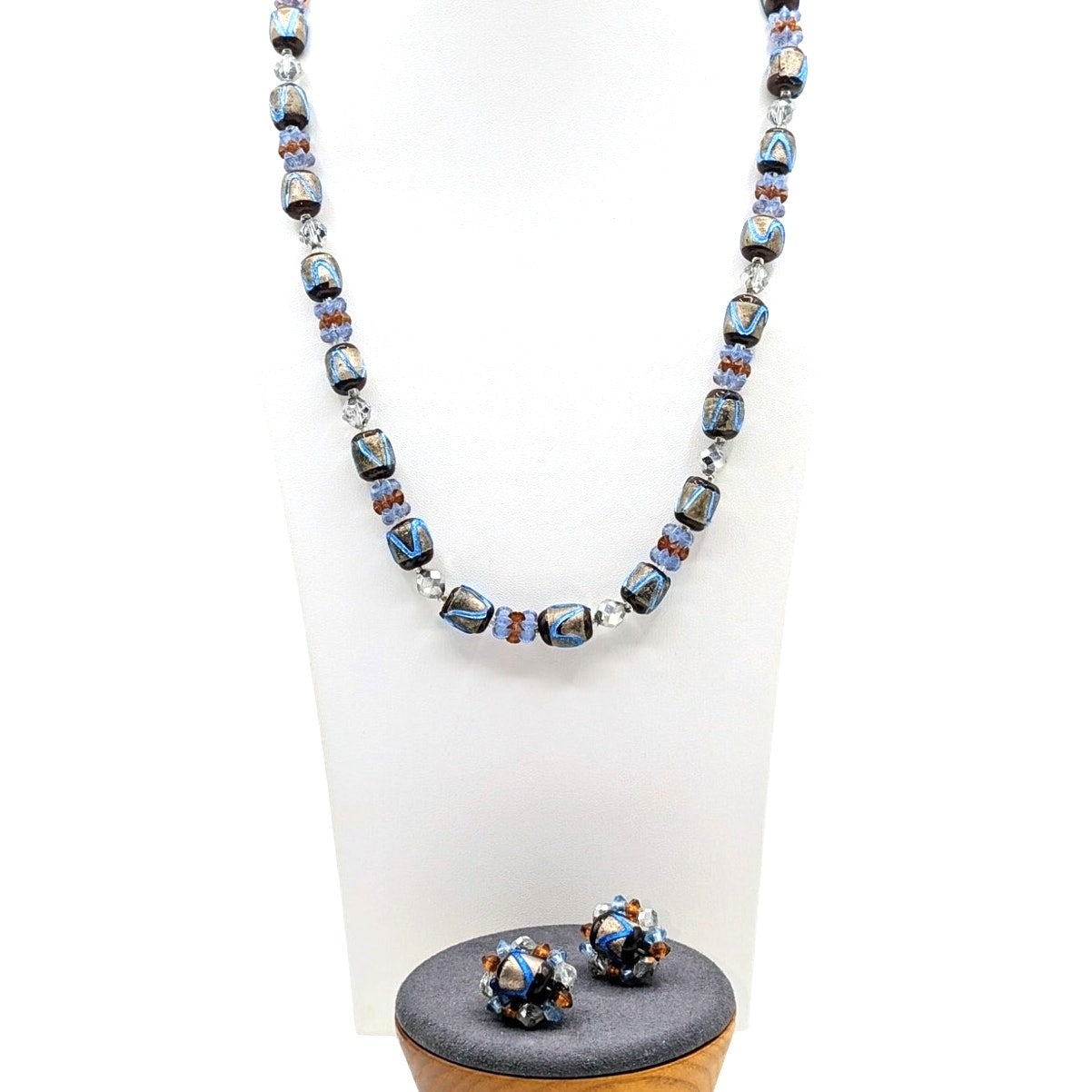 Vtg Brown & Electric Blue Japanese Foil Glass Bead Necklace & Clip Earring Set