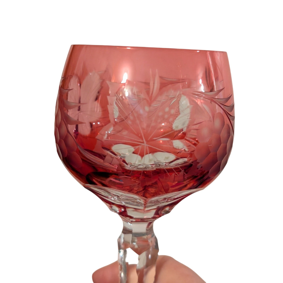 Vtg Two Czech Bohemian Red Cut to Clear Crystal Grapes Design Wine Stem Goblets
