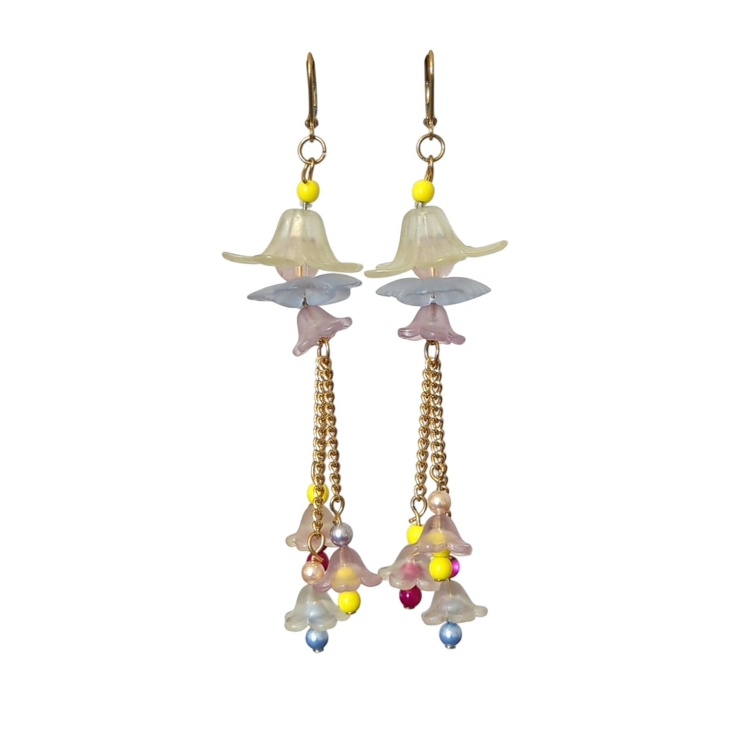 Bell Flower Dangle Beaded Chain Lever Back Earrings