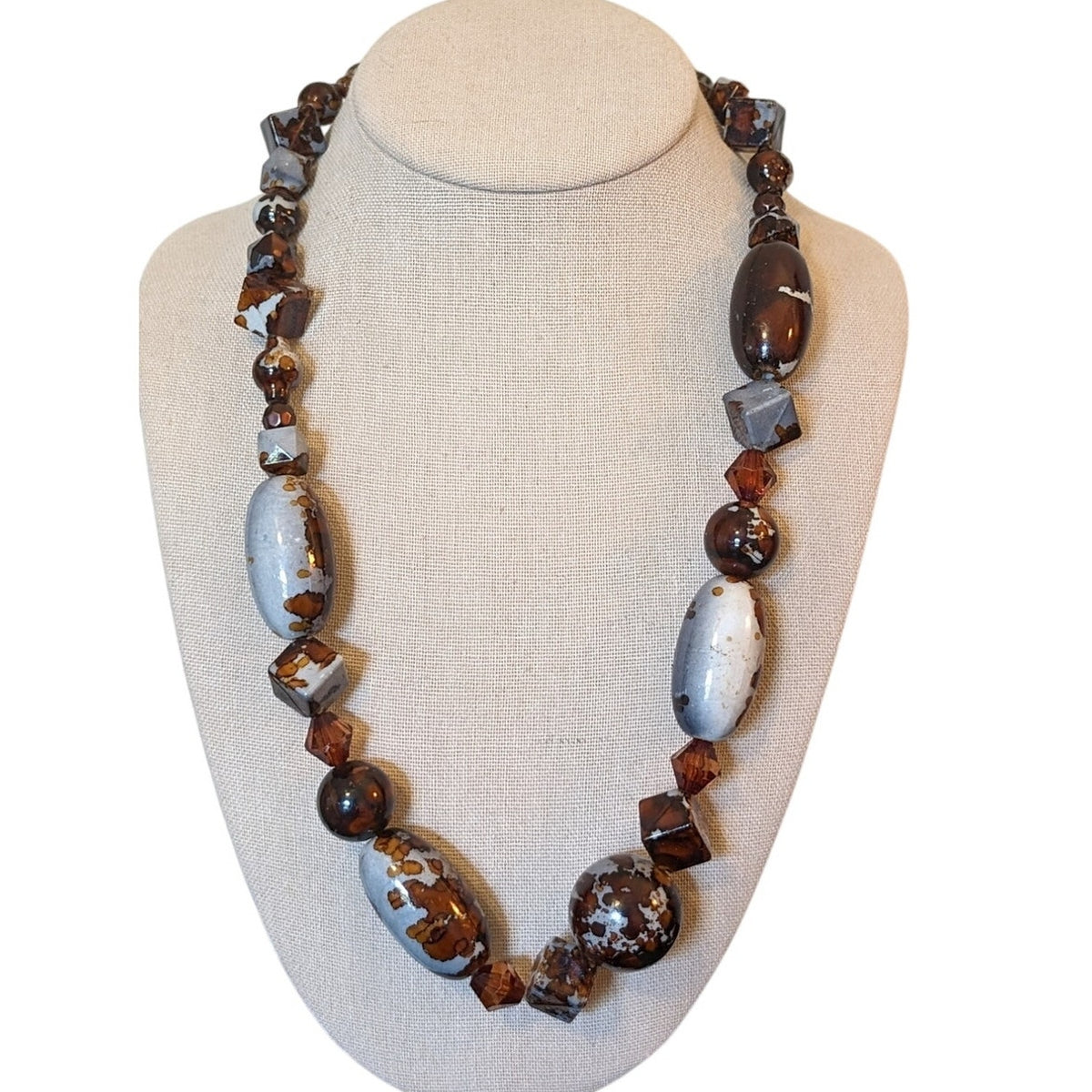 Unique Multi-Shape Gray Brown Mottled Beaded Toggle Clasp Statement Necklace