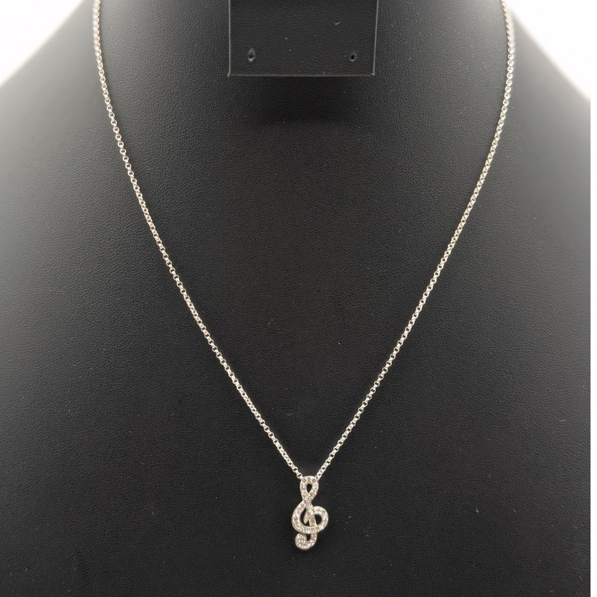 925 Italy Sterling Silver Crystal Studded Treble Clef Pendant 18" Chain Necklace