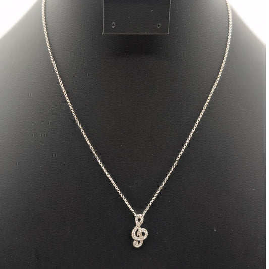 925 Italy Sterling Silver Crystal Studded Treble Clef Pendant 18" Chain Necklace