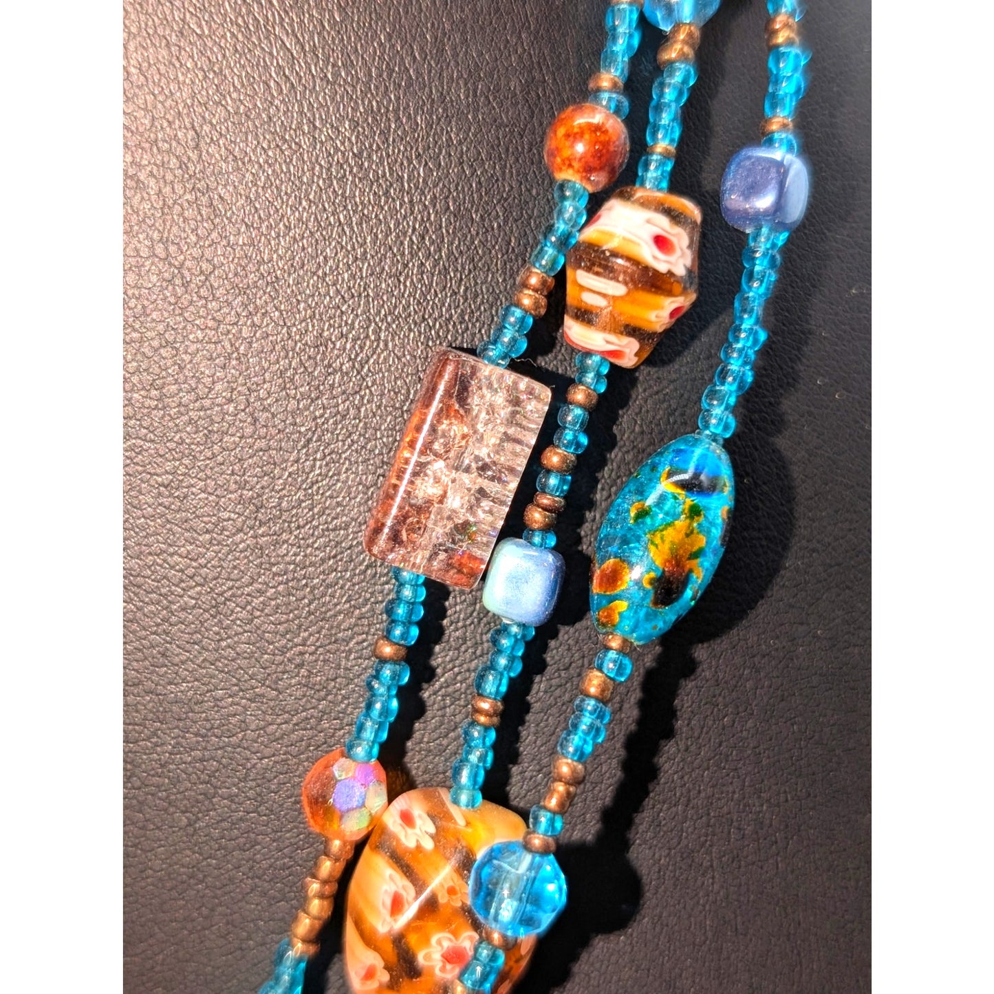 Millefiori Glass Lampwork Aqua Brown Bead Multi-Strand 17"-21" Necklace