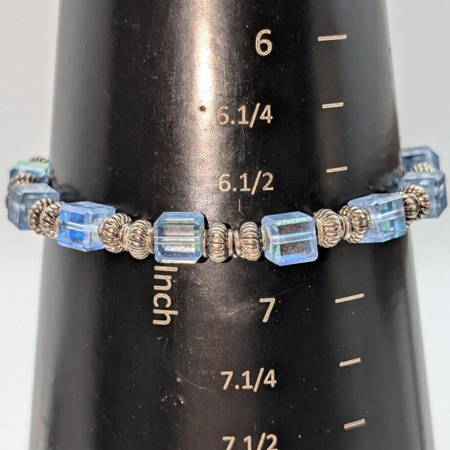Vintage Blue Square Glass AB Crystal & Silver Tone Bead Bracelet