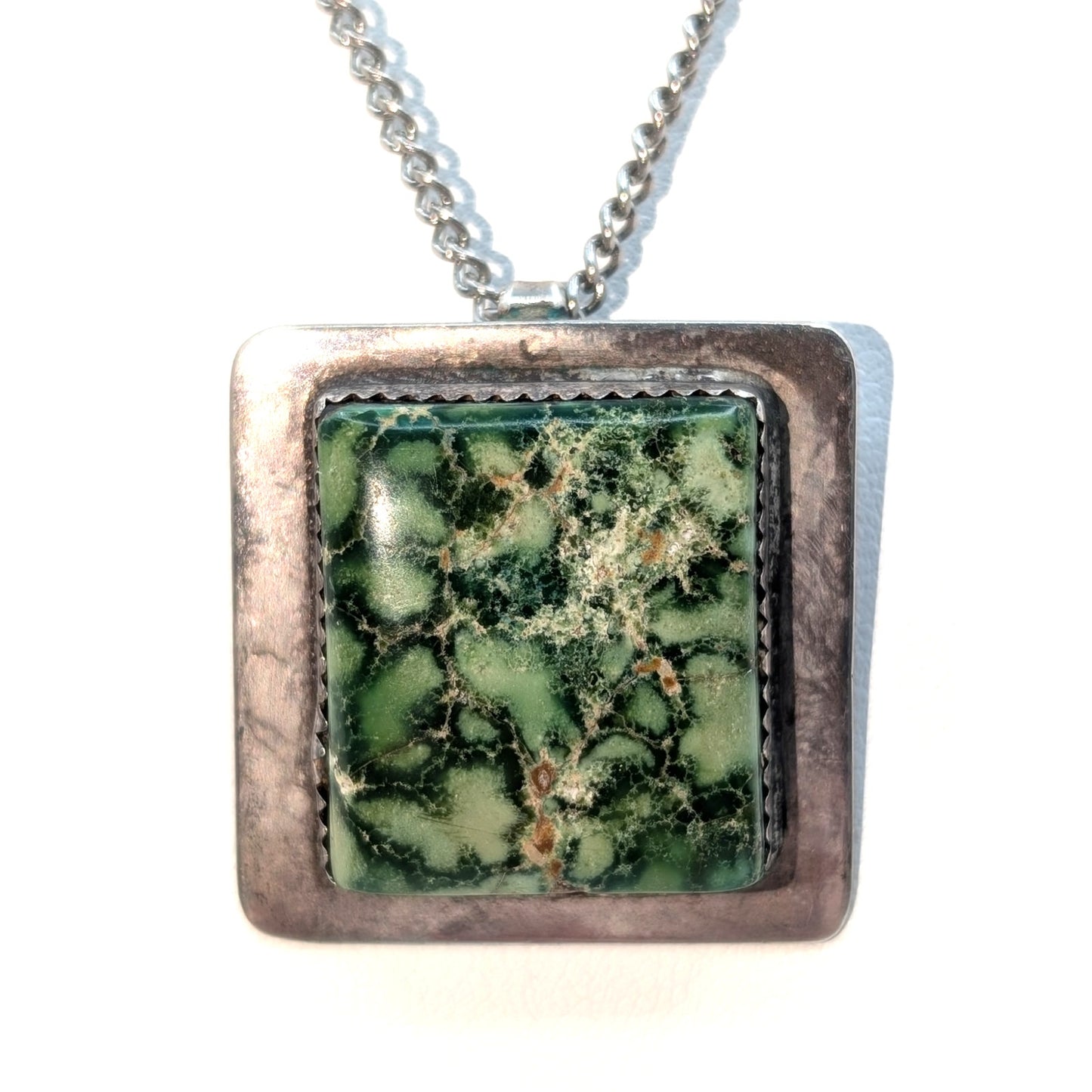 Vintage Sterling Silver Green Turquoise Stone Pendant 18" Chain Necklace
