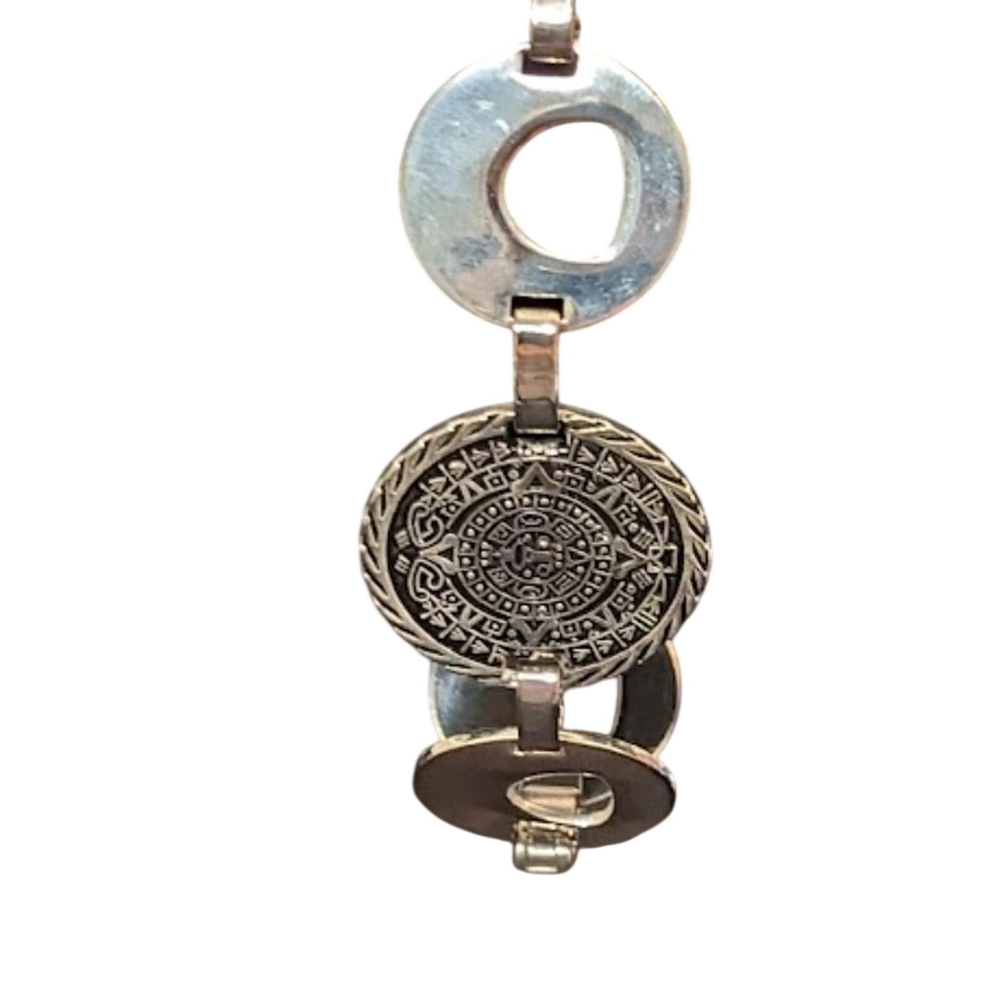 Vintage Silver Tone Mayan Aztec Calendar Coin Fold Over Clasp Bracelet