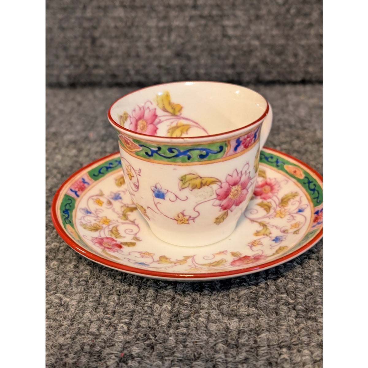 Vintage Royal Chelsea England Tennyson Pink Green Set of 2 Tea Cups & Saucers