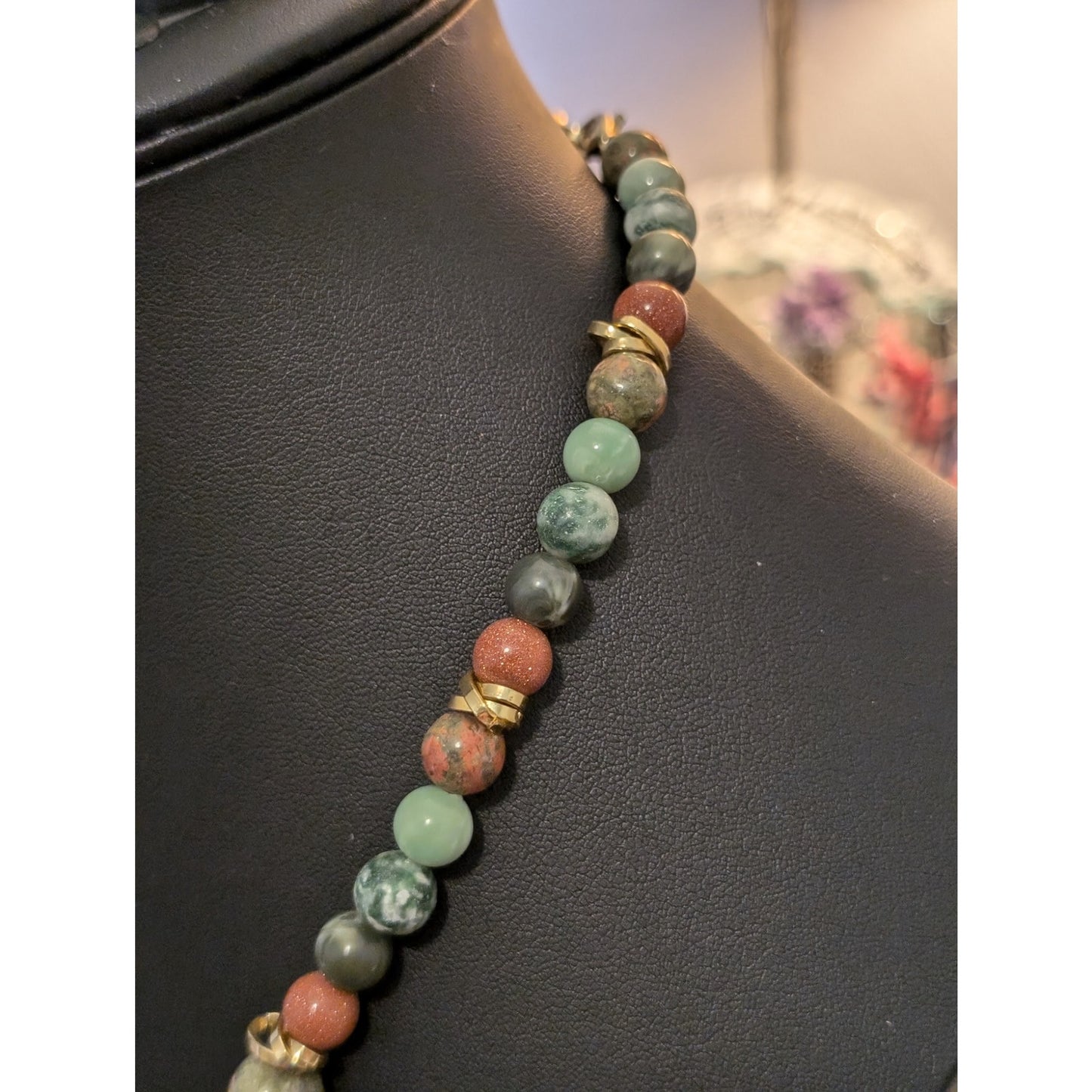 Vintage Rhodonite & Gold Stone Multi-Gemstone Graduated 18.5" - 21.5" Necklace