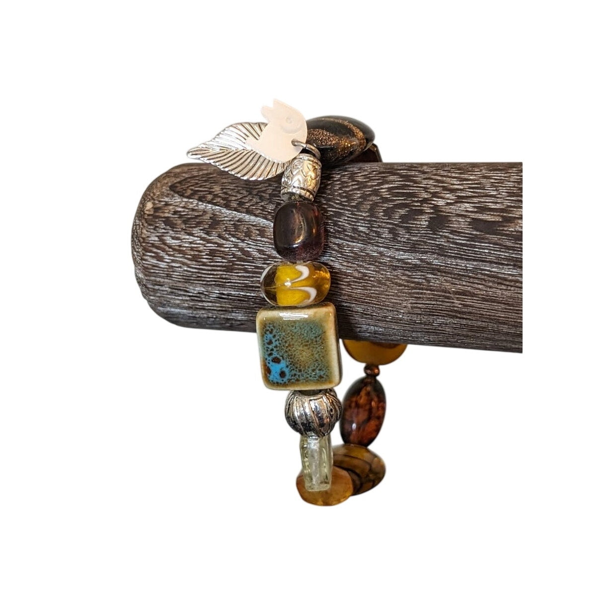 Murano Glass Ceramic Silver Bead Stretch Bracelet W/ MOP Elephant & Leaf Charms