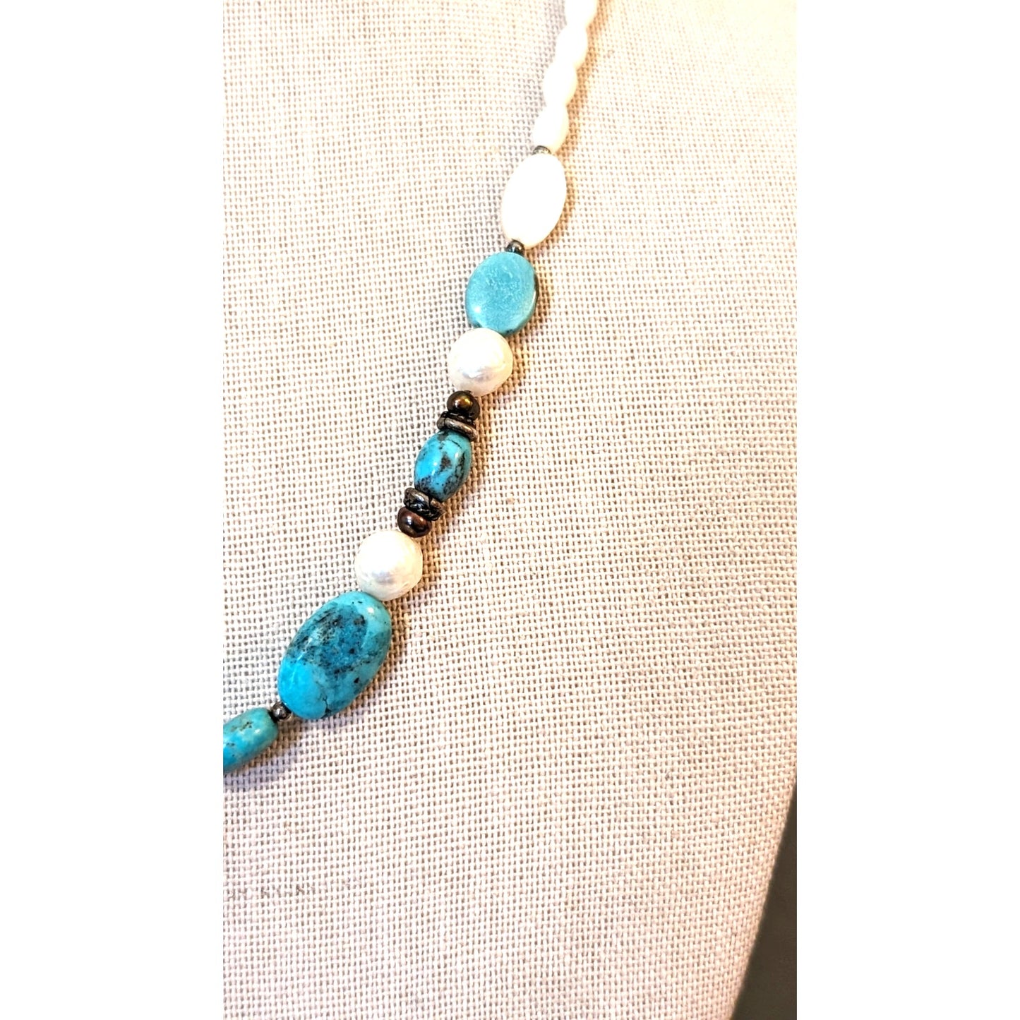 Barse Turquoise Pearl & Mother of Pearl Beaded Dangle 925 Sterling Necklace