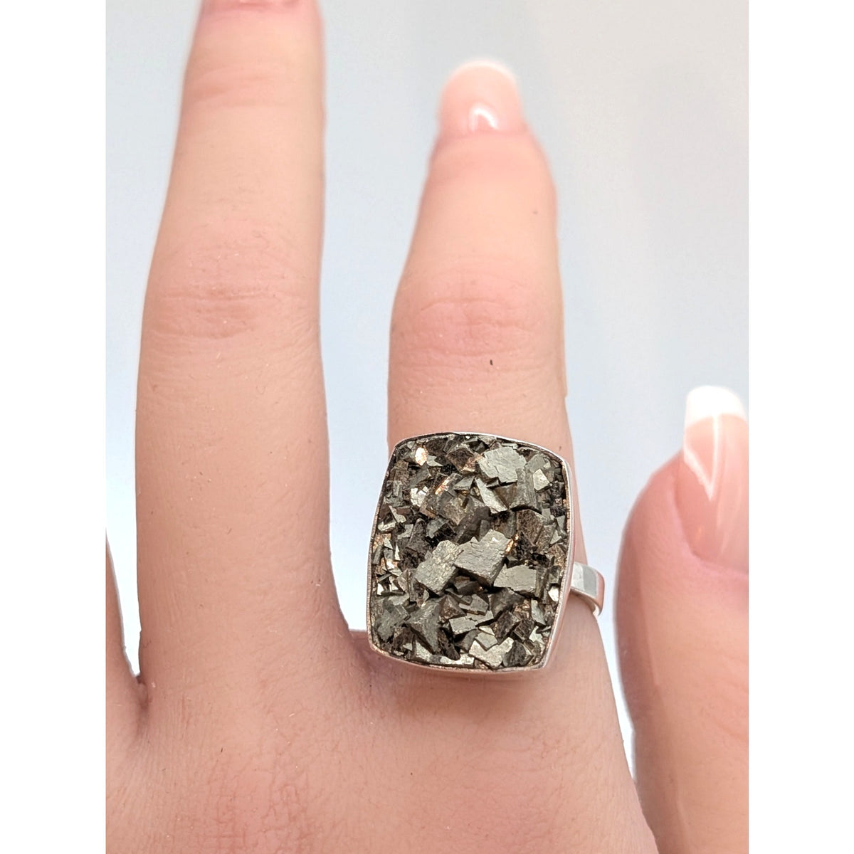 Vintage Chunky Raw Pyrite Druzy 925 Sterling Silver Boho Statement Ring Size 8
