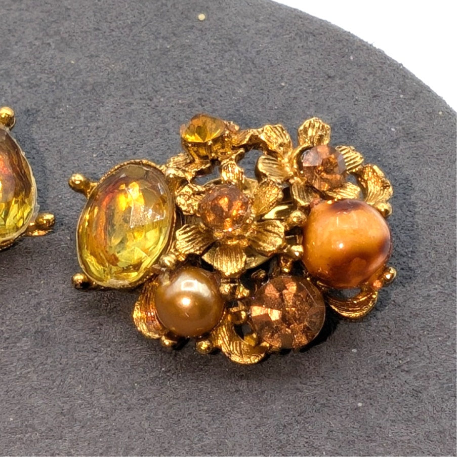 VTG Signed Selini 1950s Citrine Crystal Faux Pearl Rhinestone Clip On Earrings