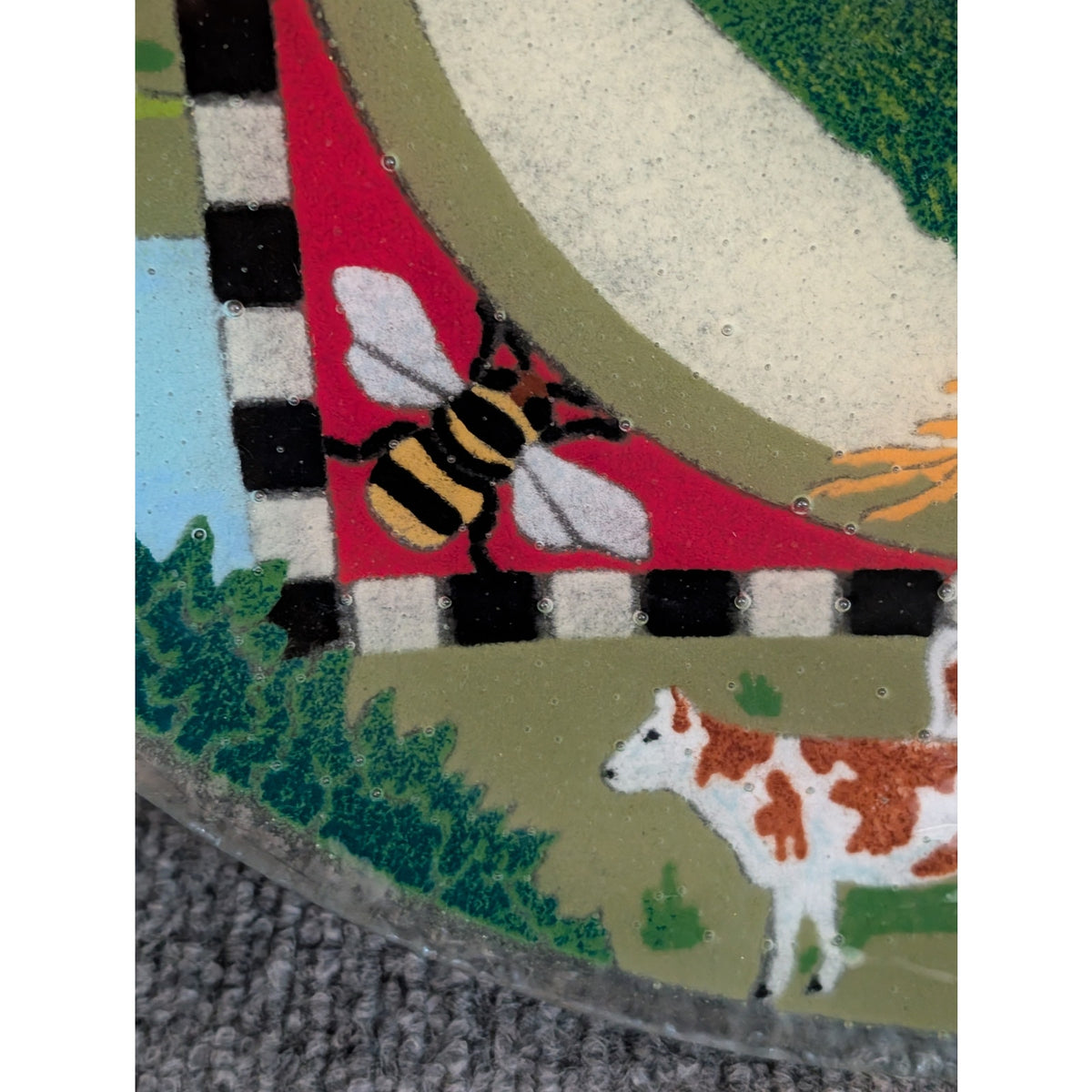 Vintage Peggy Karr Fused Glass Farm Scene Rooster Sunflower Bee Plate/Platter