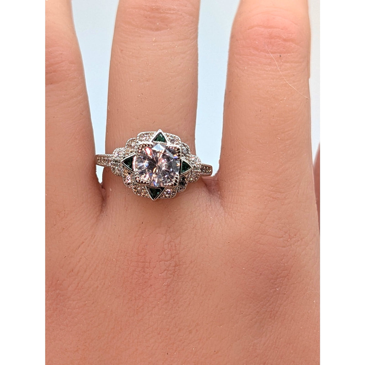 Vintage Inspired Art Deco 925 Sterling Green Trillion Round CZ Ring Sz 8.75