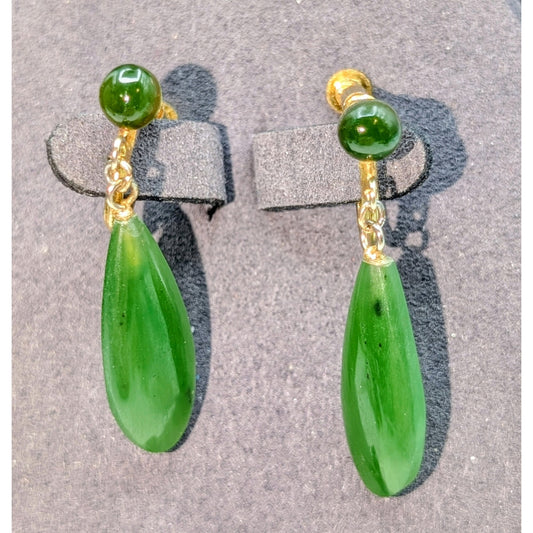 Vintage Spinach Green Nephrite Jade Gold Tone Screw Back Earrings