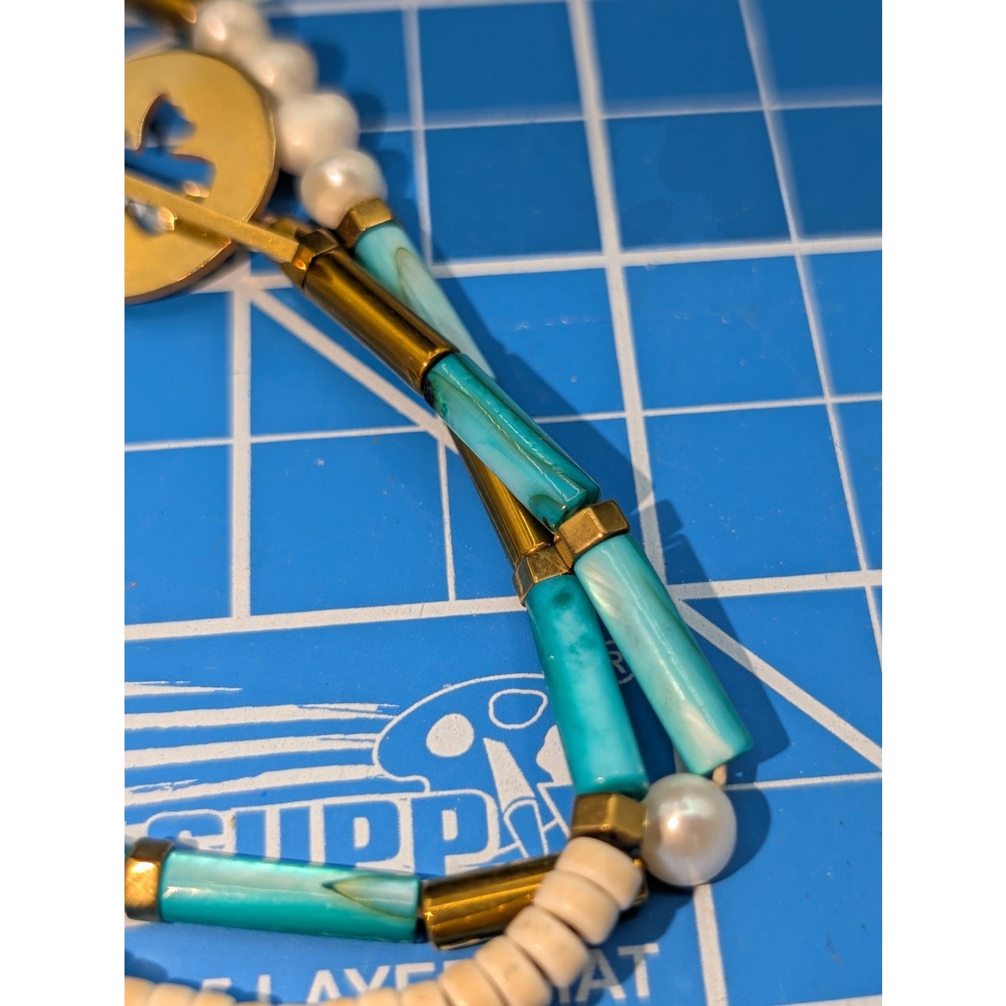 Licinia Guerra Pearl Glass Bead Boho Gold Tone Angel Toggle 19"  Necklace