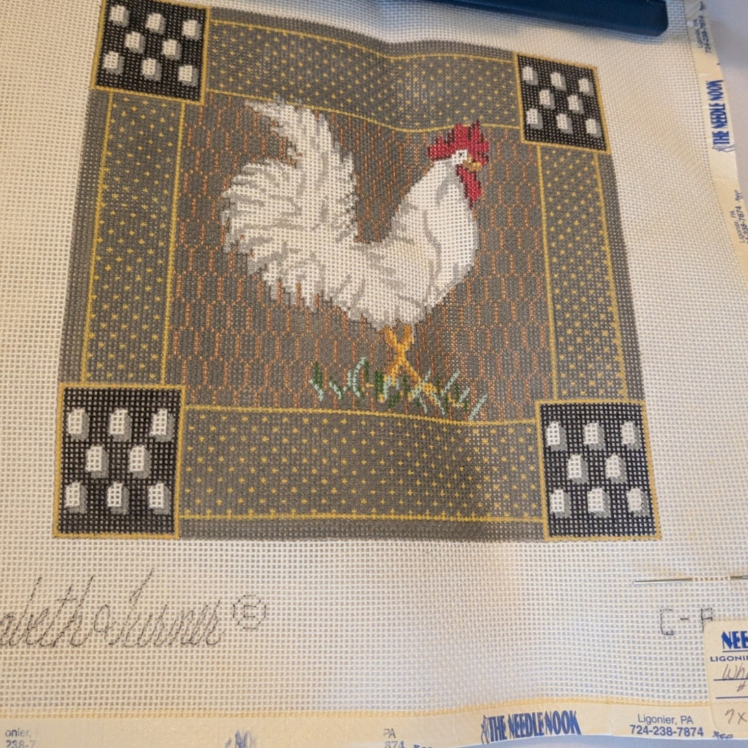 Elizabeth Turner C-7 Black & White & C-8 White Rooster Needlepoint Canvases
