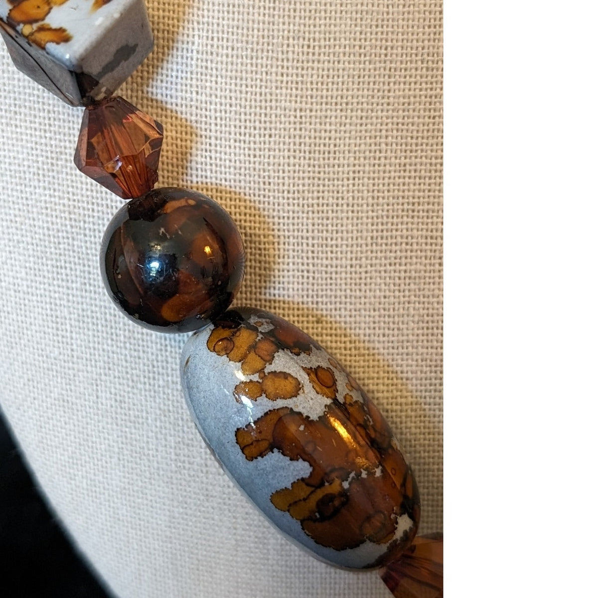 Unique Multi-Shape Gray Brown Mottled Beaded Toggle Clasp Statement Necklace