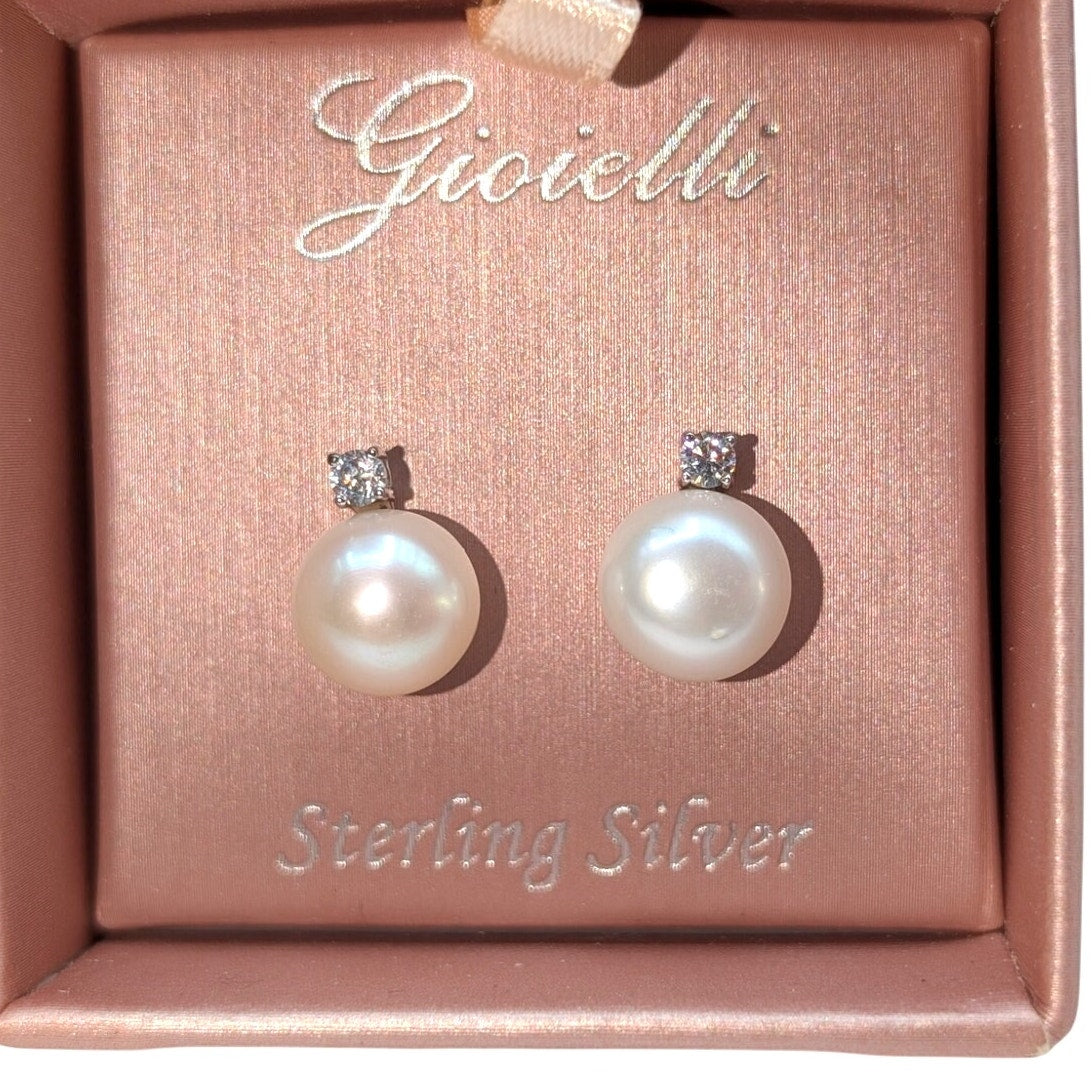 Gioielli Elegant Freshwater Pearl CZ Sterling Silver Stud Earrings NWT