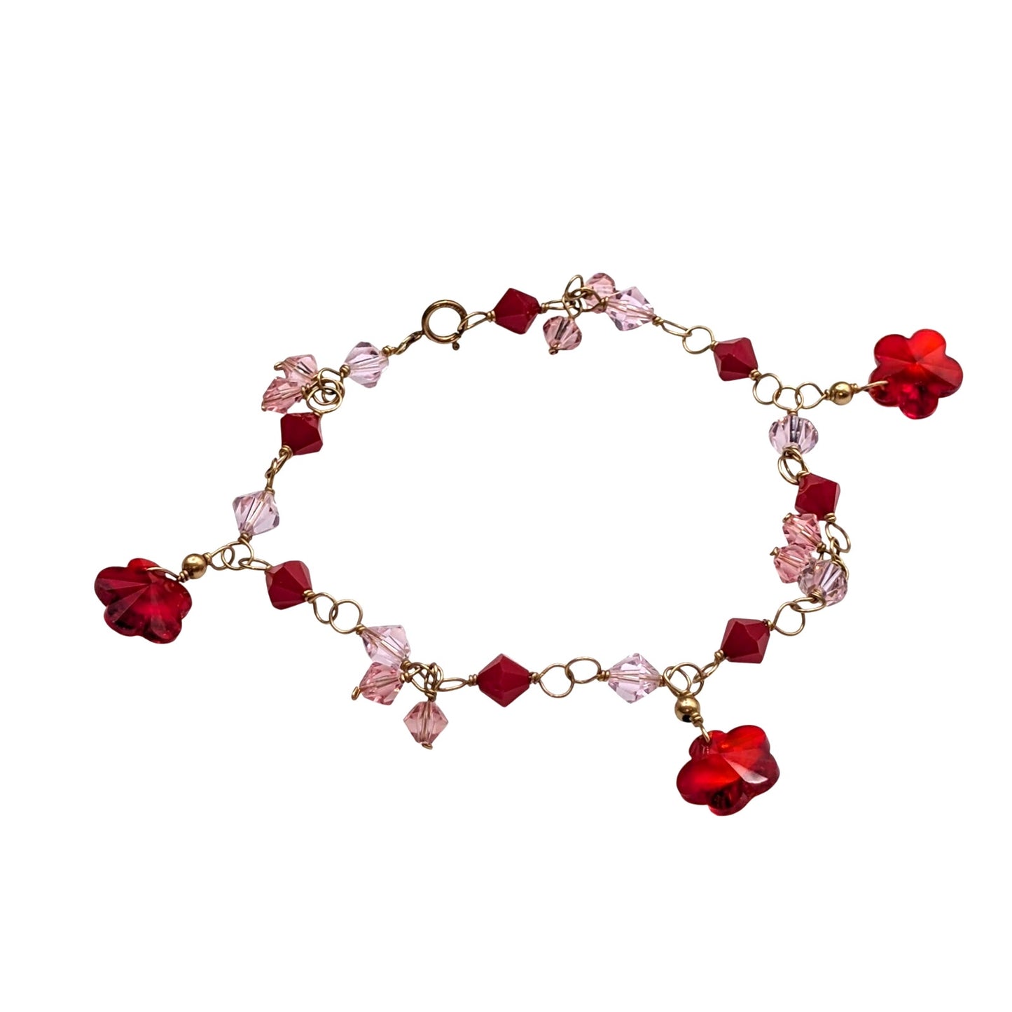 Vintage 14K Gold Filled Gold Chain Pink & Red Crystal Bead Dangle Bracelet
