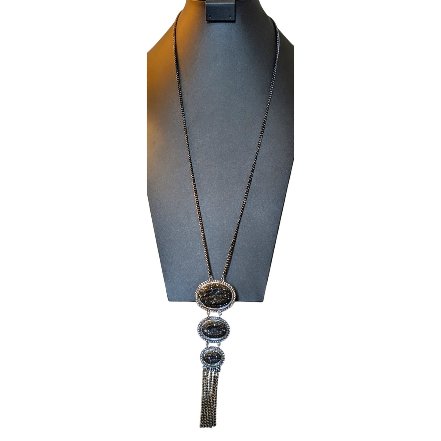 Triple Station Black Sparkle Fringe Long Gun Metal Necklace