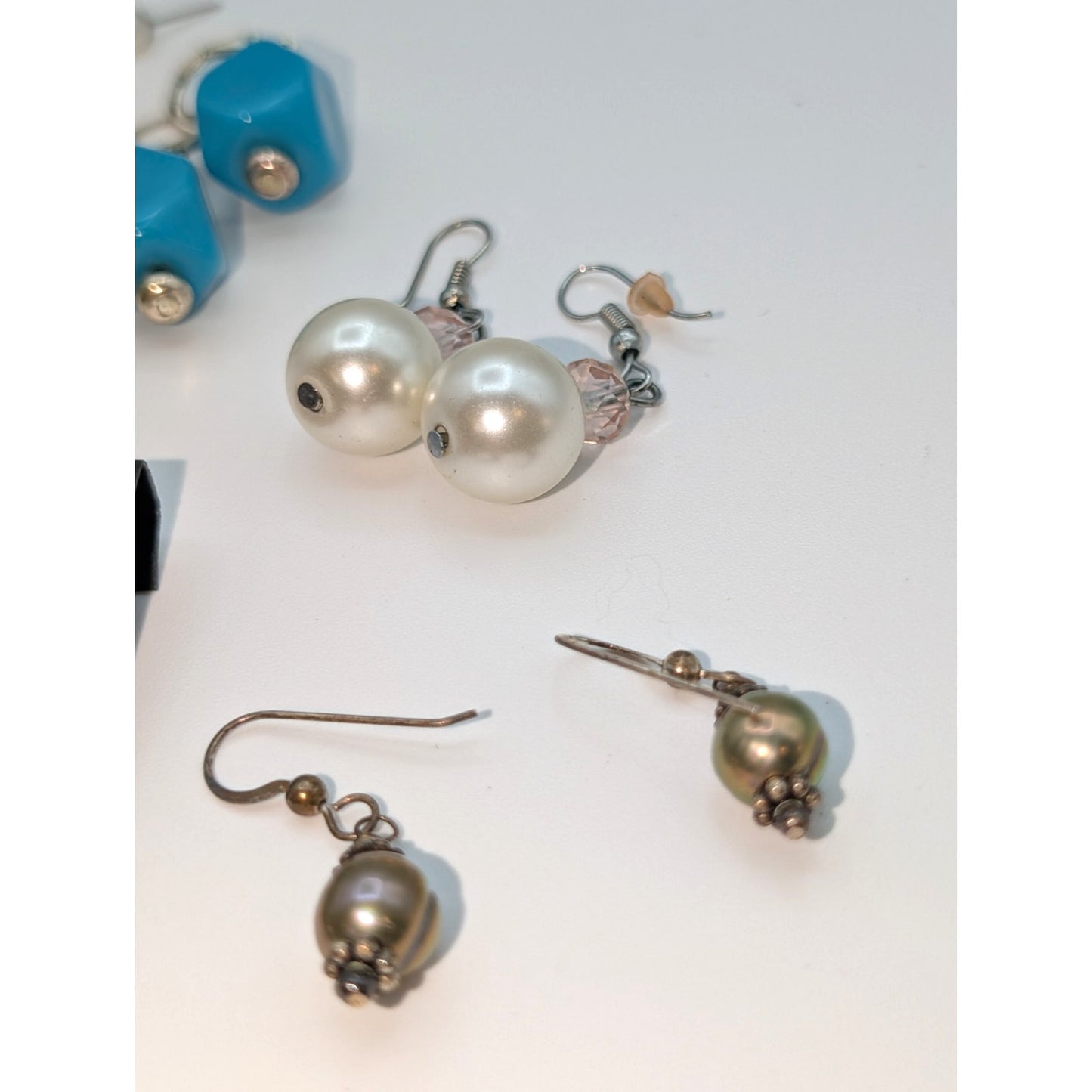 Lot of Nine Pair of Silver Tone Dangle, Post, Hoop Earrings