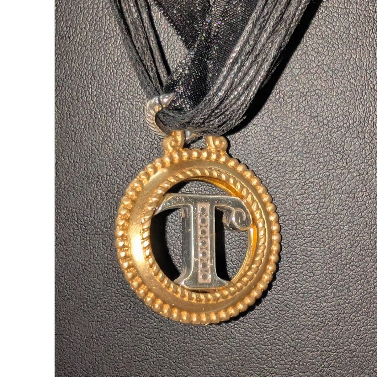 Brighton Silver & Gold Tone 'T' Monogram Pendant Ribbon Cord 18.5"-20" Necklace