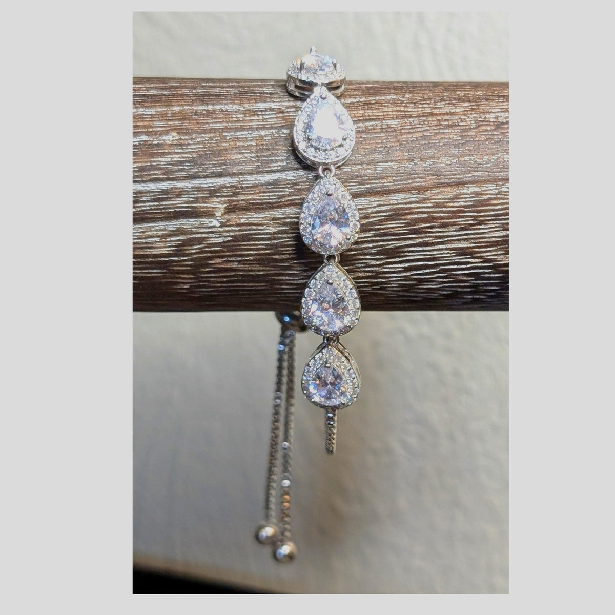 Teardrop Halo CZ Tennis Adjustable White Gold Plated Silver Tone Pull Bracelet