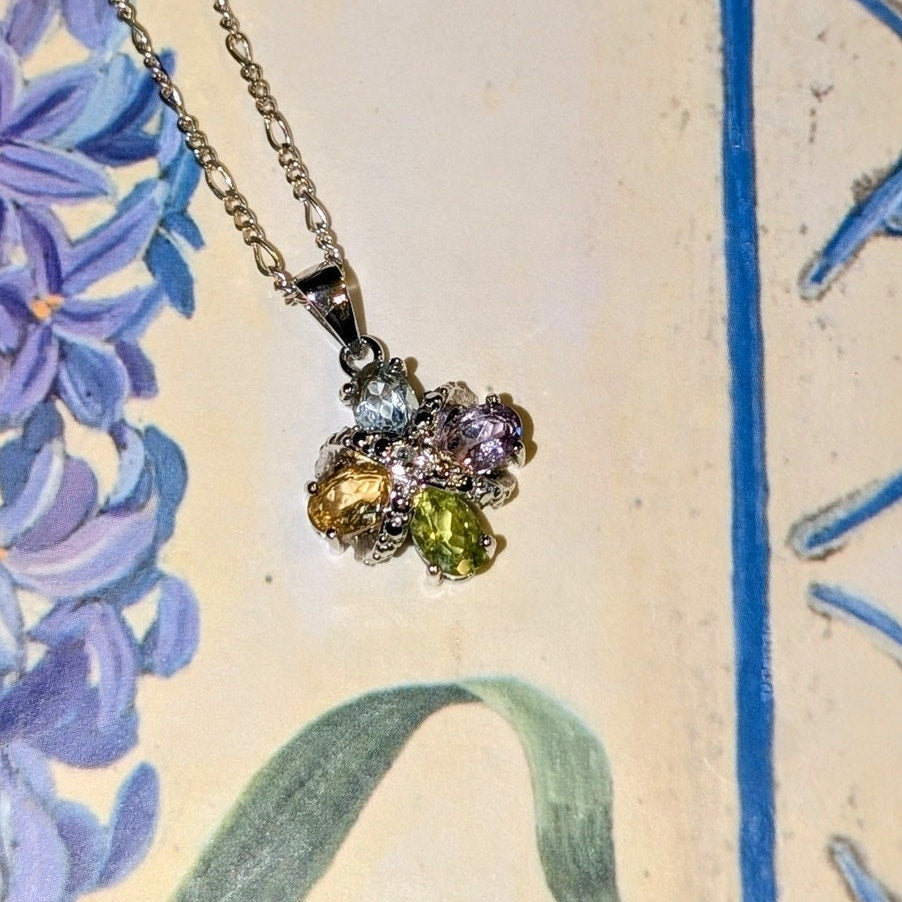 Vintage 925 Sterling Silver 4 Oval Gemstone & Diamond Figaro Chain Necklace