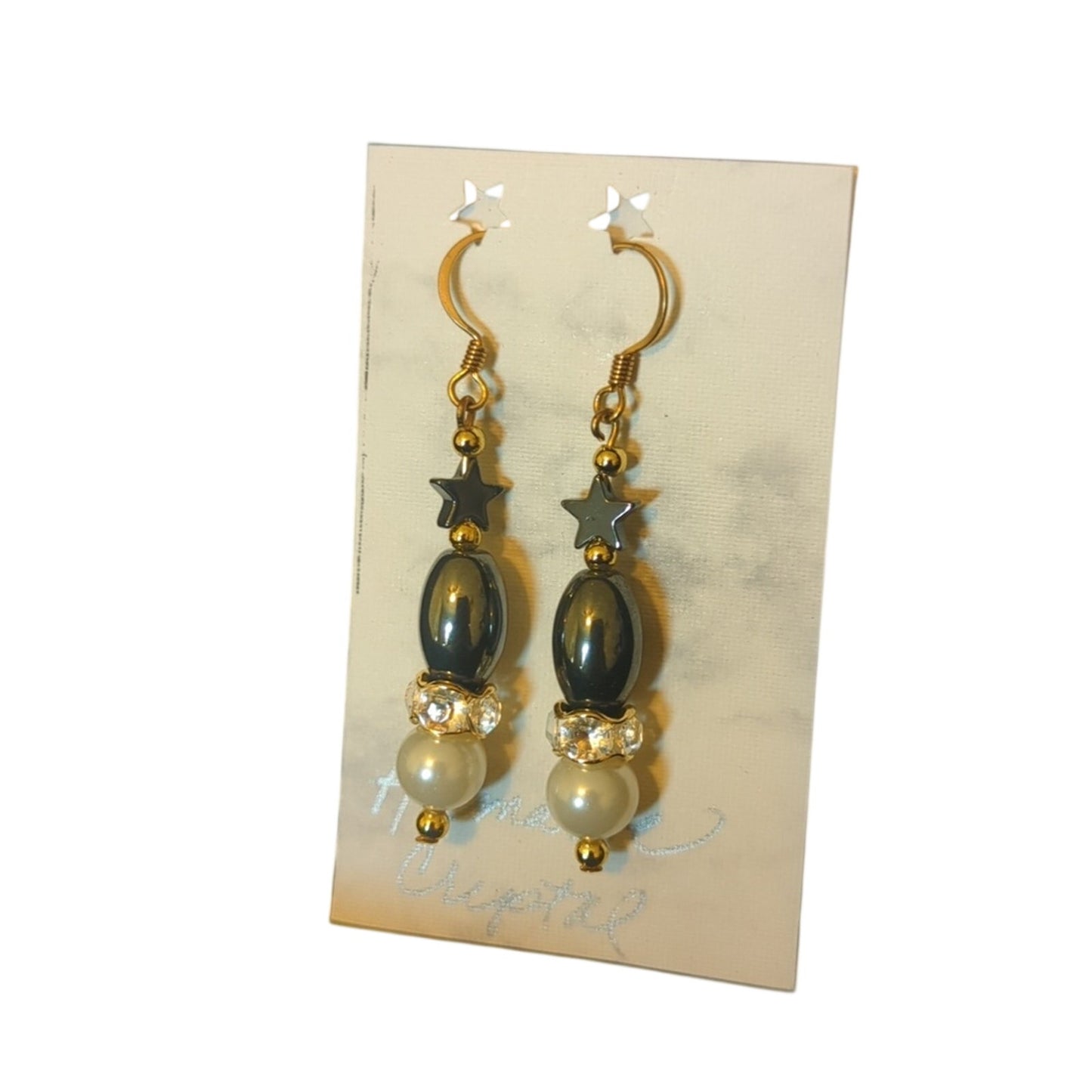 Handmade Hematite Crystal Star Gold Tone French Wire Dangle Earrings