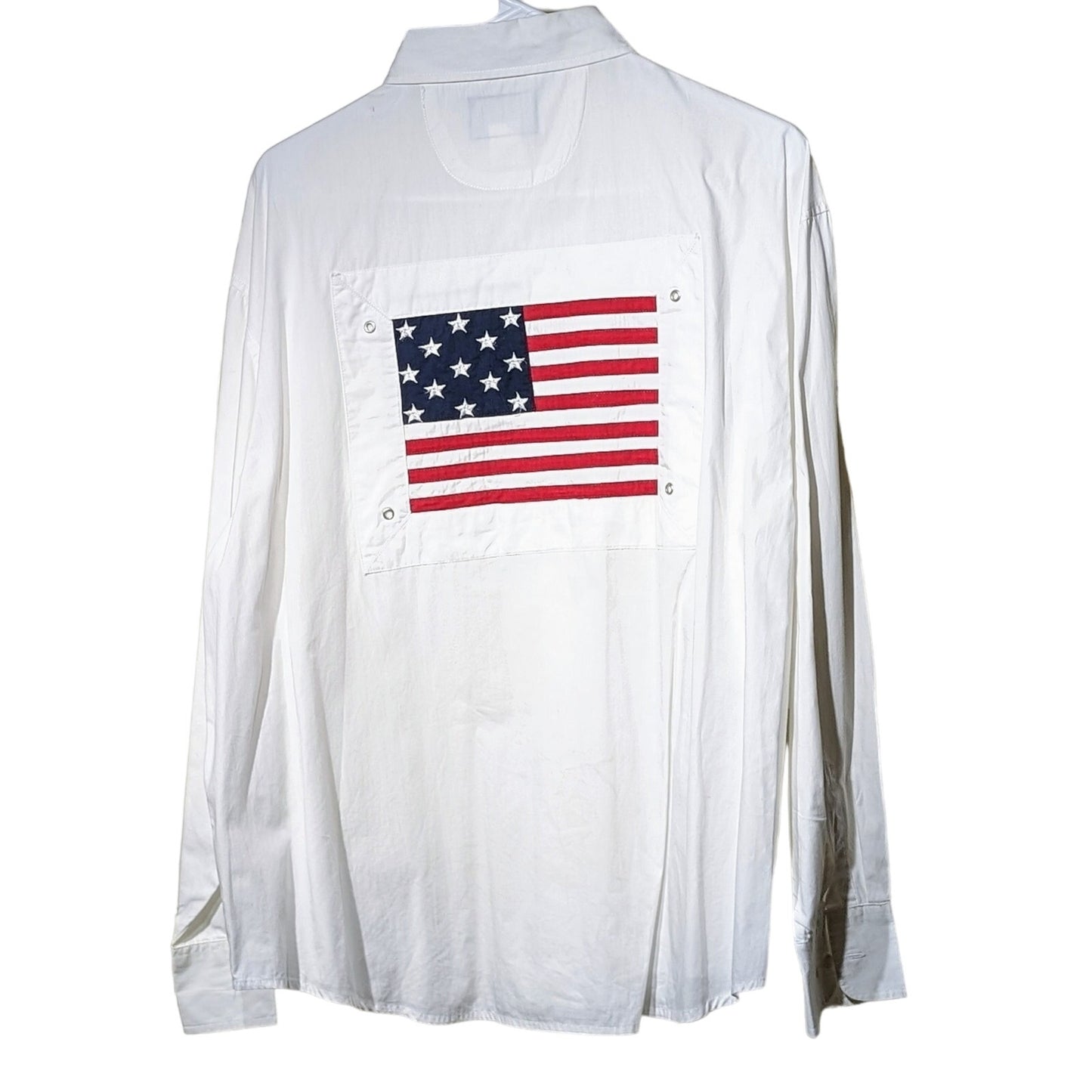 Vintage David Paul New York White Button Up USA Blouse W/ Flag Back Mens XL