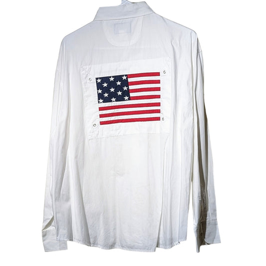 Vintage David Paul New York White Button Up USA Blouse W/ Flag Back Mens XL