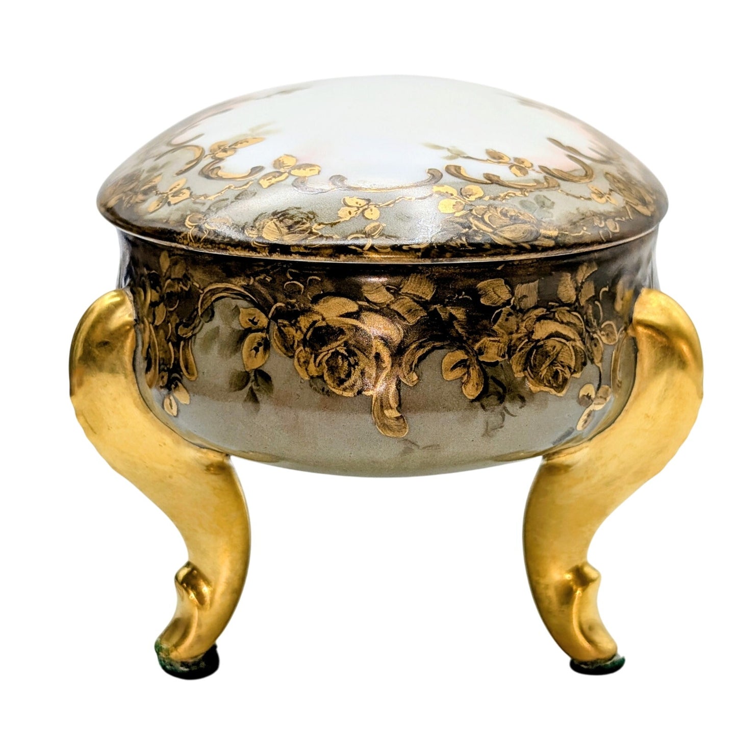 Vtg/Antique Signed Louise Gold Footed China Oval Hand Painted Trinket Box