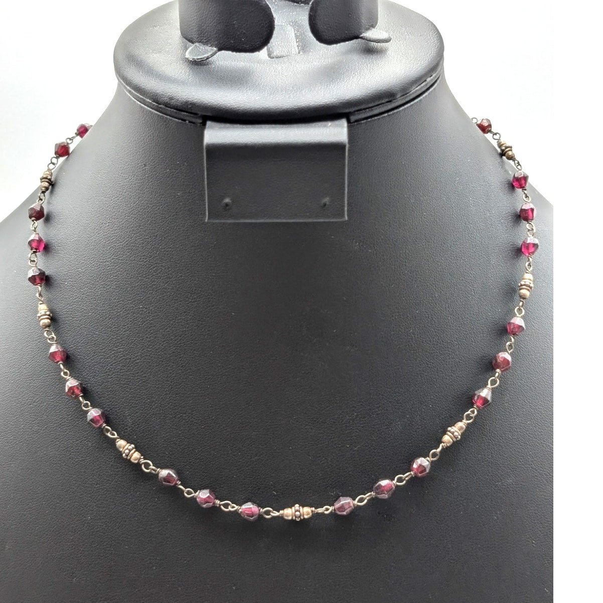 Vtg 925 Sterling Silver Garnet Stone Bead Rosary Style Chain 16"-18" Necklace