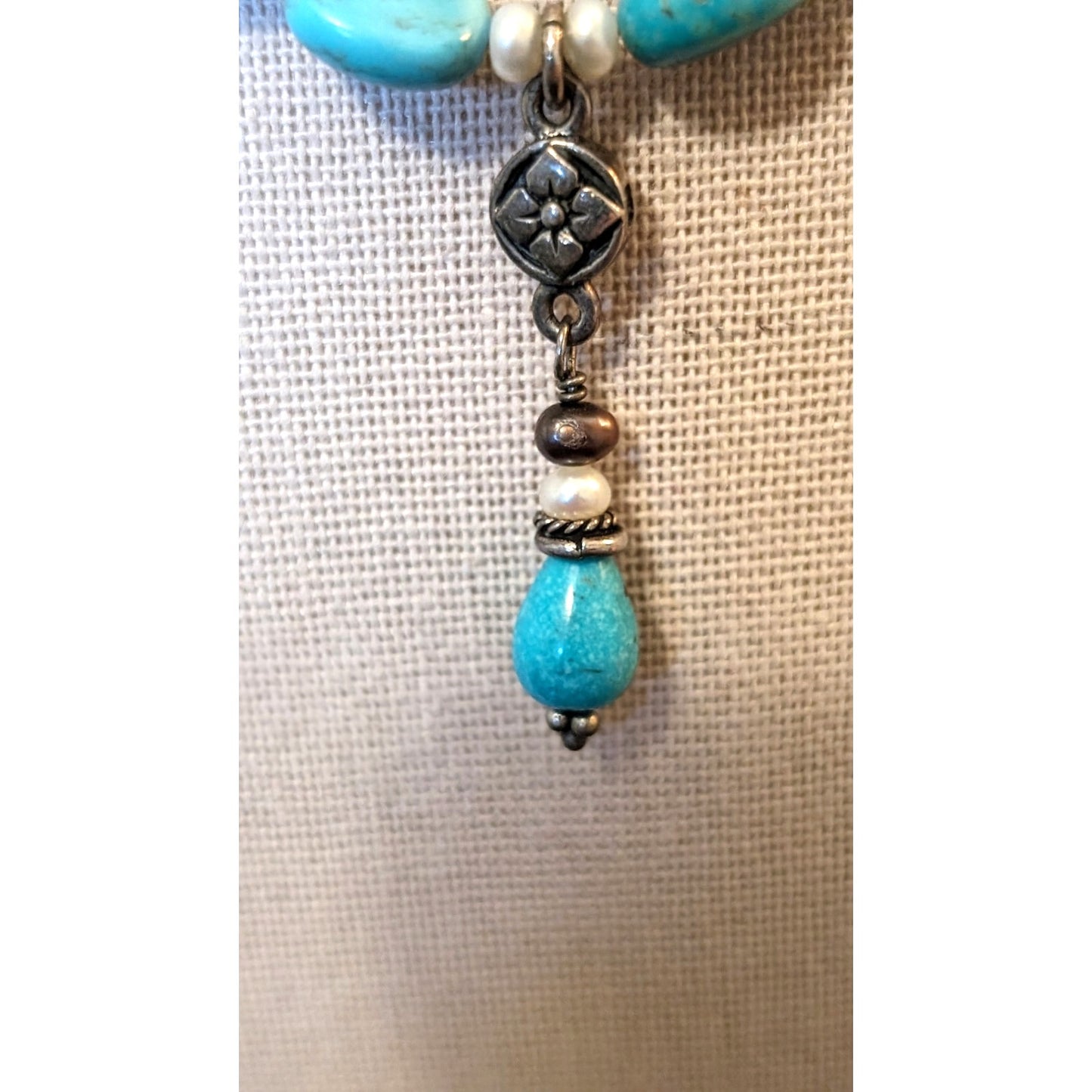 Barse Turquoise Pearl & Mother of Pearl Beaded Dangle 925 Sterling Necklace
