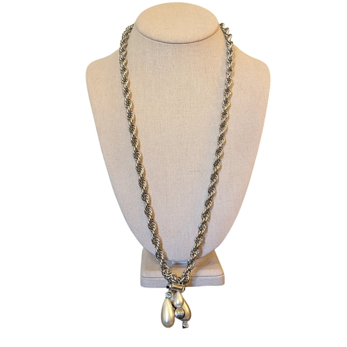Vintage Silver Tone Thick Rope Lariat Pearl Tassel Necklace