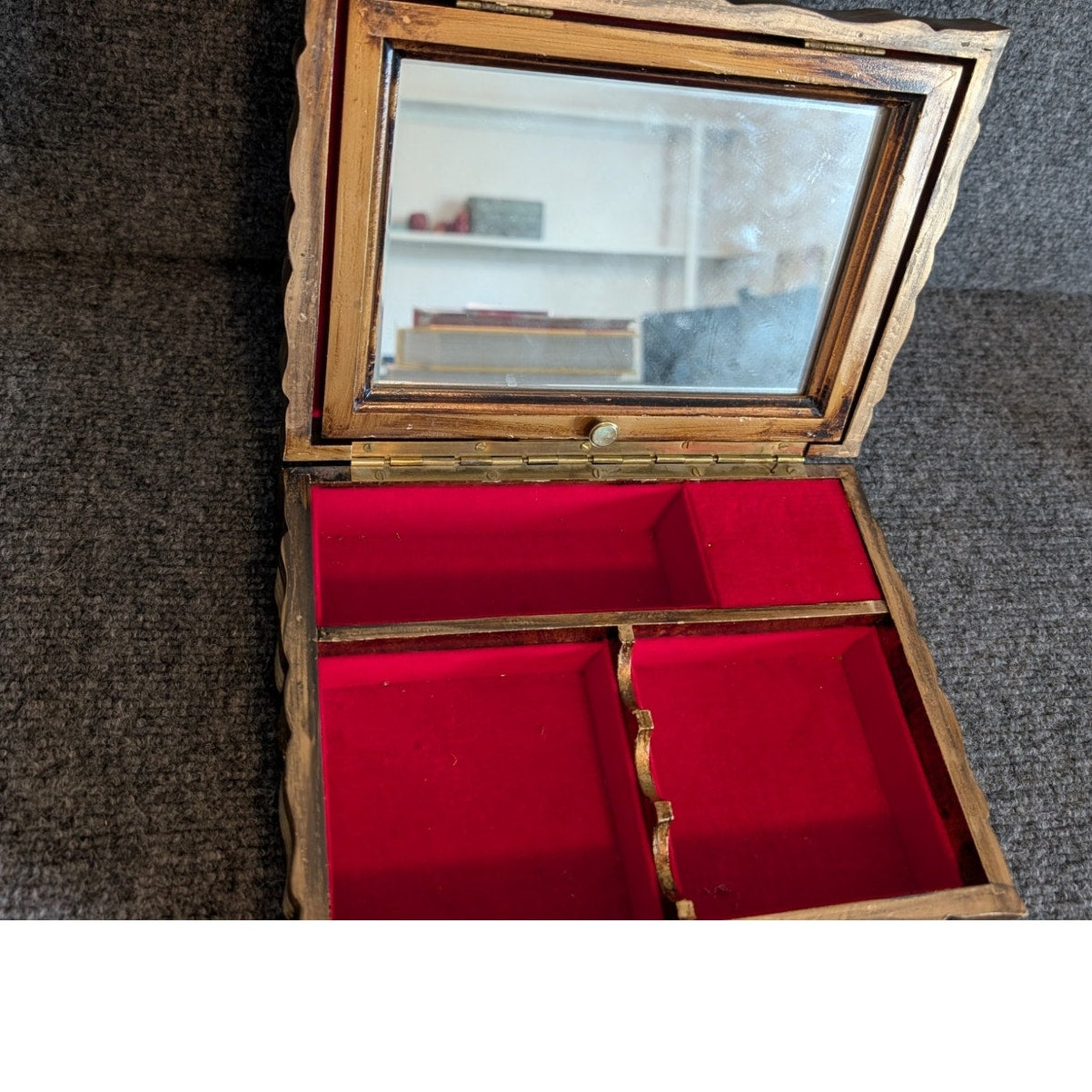 Vintage Made in Japan Gilt Wood Lyre Jewelry Music Box W/ Adjustable Tilt Mirror