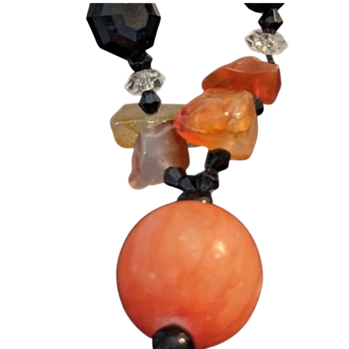 Black bead orange ball tassel necklace