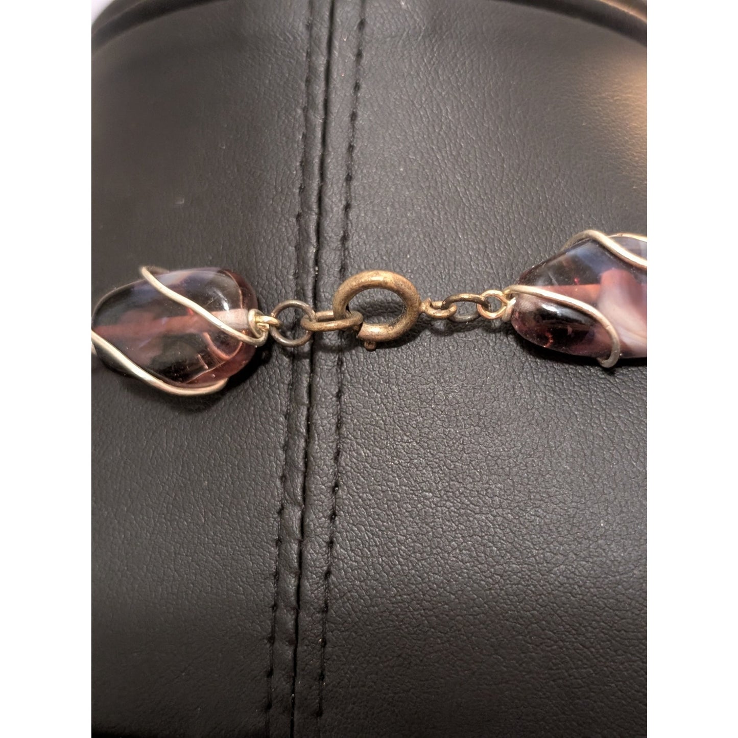 VTG Purple Wire Wrapped Glass Bead & Pink AB Crystal Bead Silver Tone Necklace