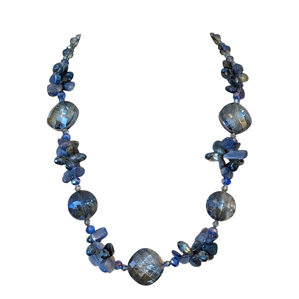 Smoky Blue Faceted Crystal and Blue Stone Necklace on Sterling Chain