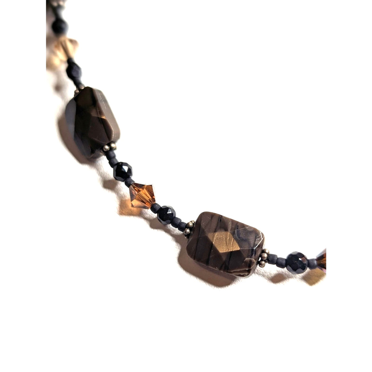 Black & Brown Crystal & Agate Stone Beaded 18" Necklace with Swirl Hook Clasp