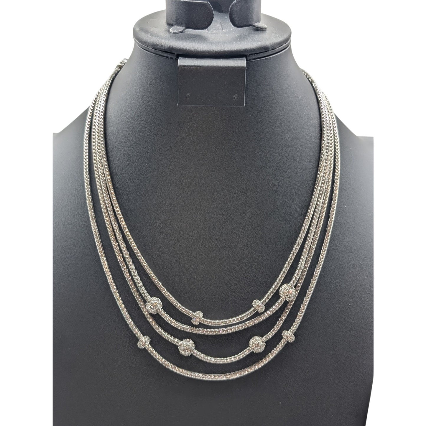 Silver Tone 4 Strand Wheat Chain Pave Bead Stations16.5"-20" Necklace