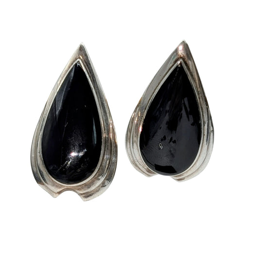 925 Sterling Silver Black Onyx Teardrop Post Earrings