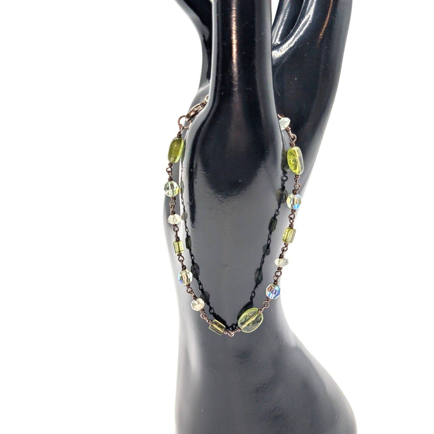 Vintage Peridot Quartz Glass Bead 925 Sterling Chain 7.25" Bracelet