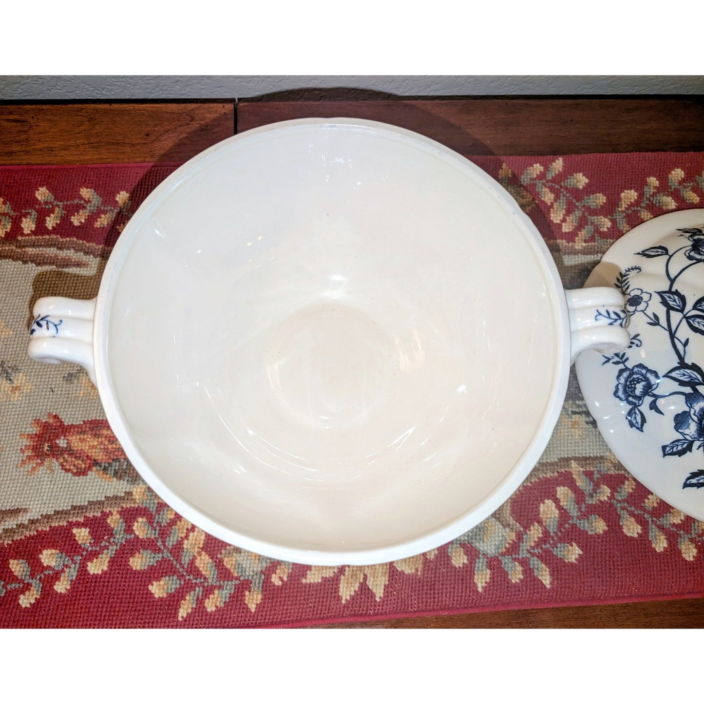 Vintage Blue Peony Japan Hand-painted Porcelain Soup Tureen Serving Bowl Mint