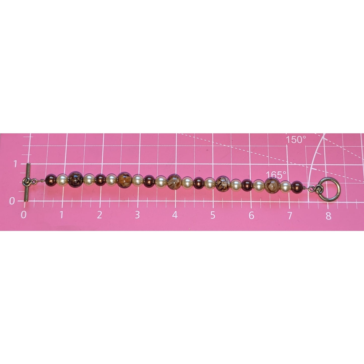 Gold Tone Faux Pearl Brown Stone Beaded Toggle Clasp Bracelet
